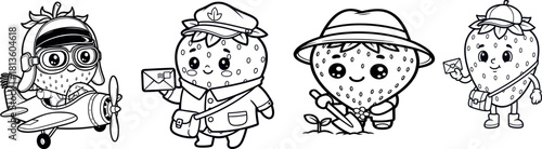 Cute Strawberry Character Set in Profession Costumes – Fruit Mascot Illustration (Garden Strawberry – Fragaria × ananassa)