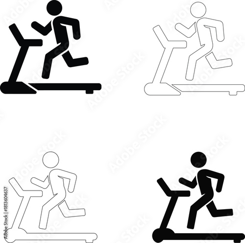 Treadmill Running Vector Icons: Gym Workout & Jogging Silhouette. Cardio Exercise, Indoor Fitness Machine Pictograms