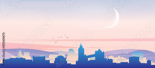 Panoramic poster of the city skyline with misty background buildings, hills sunrise, sunset and clouds of LONDON, UNITED KINGDOM