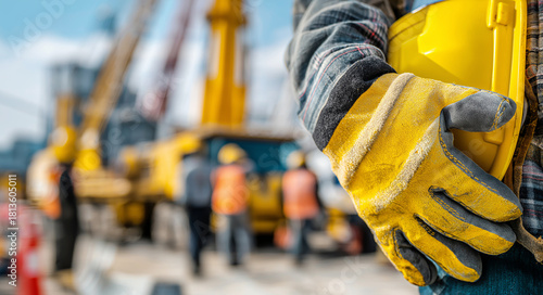 Electrician with Yellow Gloves and Helmet at Industrial Construction Site