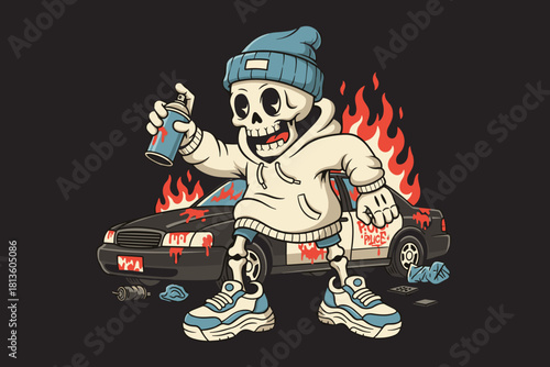 Skeleton Graffiti Artist Spray Painting Burning Car.
