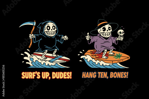 Two Skeletons Surfing on Waves with Grim Reaper.