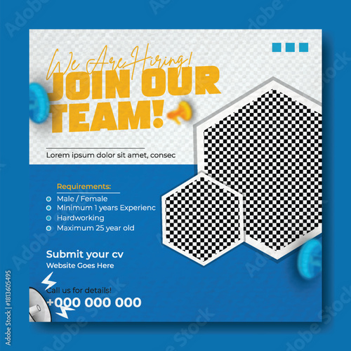 We are hiring job vacancy social media banner or instagram post template.
Job hiring announcement template for social media or poster vector design