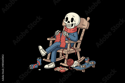 Skeleton knitting in rocking chair with hobbies around.