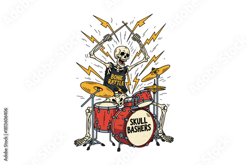 Skeleton drummer playing drums with lightning bolts and drumstic
