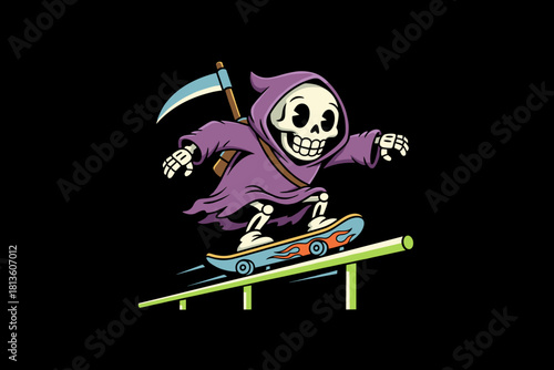 Grim Reaper Skeleton Character Riding a Skateboard on a Rail.