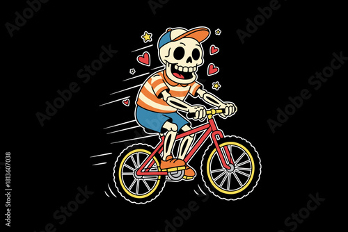 Skeleton character riding a bicycle with a happy expression.