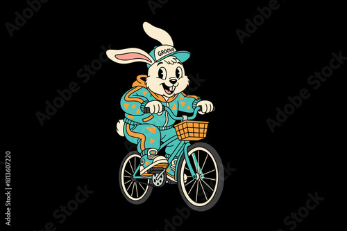 Cartoon Rabbit Riding a Bicycle with a Basket.