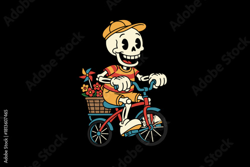 Skeleton riding a bicycle with flowers in basket.