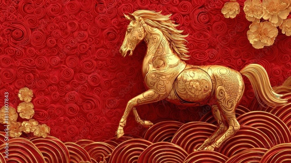 Fototapeta premium golden ornamental horse on red background with happy new year 2026 text chinese zodiac animal for lunar new year oriental celebration