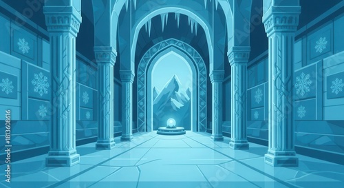 Symmetrical icy hall displays columns, crystalline floor, and distant snowy peak through an archway