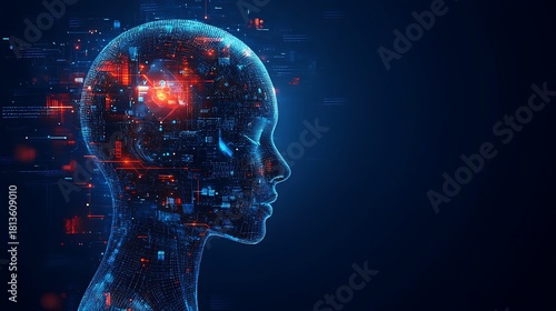 Digital human head with glowing elements against a dark blue background in profile view