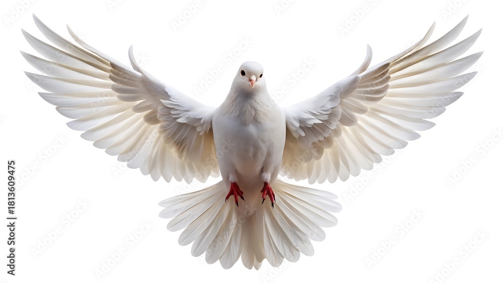 Obraz premium White dove with wings spread in flight against a white background