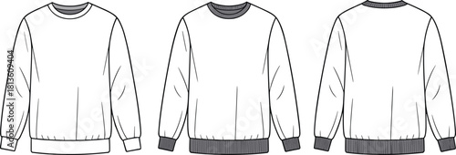 Crewneck sweatshirt front and back CAD template, vector fashion flat sketch, unisex pullover design, technical illustration for apparel production
