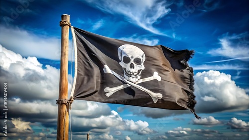 Tattered pirate flag with skull and crossbones against dramatic sky