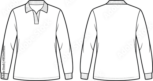 Long sleeve polo shirt technical flat sketch, apparel fashion CAD template, vector illustration for clothing design, garment outline drawing