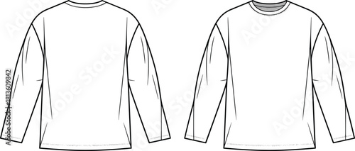 Long sleeve crew neck t-shirt technical flat sketch, vector apparel template, fashion design CAD drawing for clothing production and illustration
