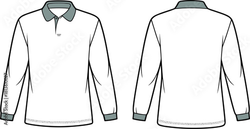 Long sleeve polo shirt technical sketch, flat apparel template, vector garment outline, fashion CAD drawing, front and back clothing illustration