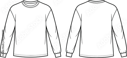 Long sleeve crewneck sweatshirt technical sketch, flat vector apparel design, front and back clothing template, fashion CAD outline illustration
