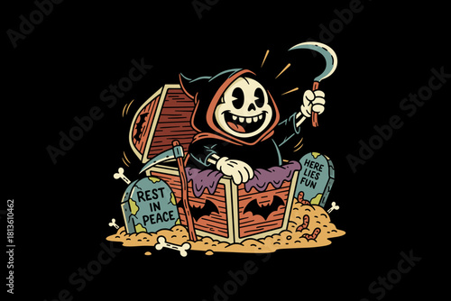 Cartoon Grim Reaper Emerging From Coffin With Scythe.