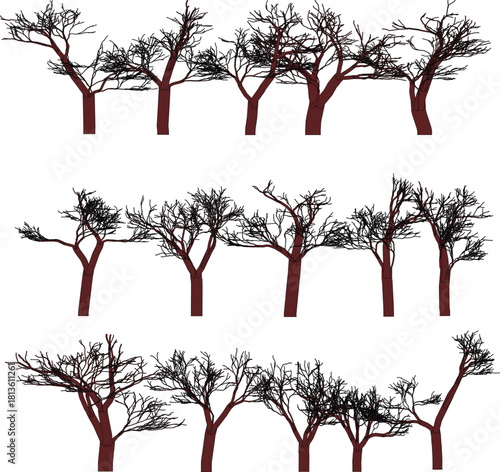 Bare trees silhouettes in a row against a white background