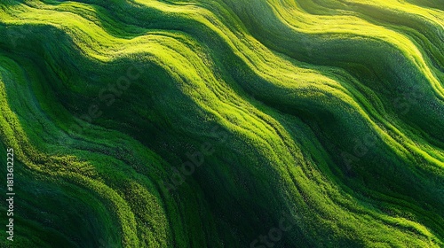 Aerial view of a green field with wave like patterns and sunlight highlighting the textures