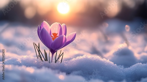 A single purple crocus flower blooming in the snow with the sun shining in the background sky above it