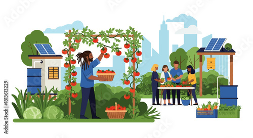 Create a premium vector illustration showcasing a diverse group of urban farmers working in a sustainable eco-garden. Include planting, watering, composting, and harvesting activities