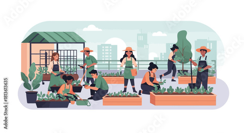 Create a premium vector illustration showcasing a diverse group of urban farmers working in a sustainable eco-garden. Include planting, watering, composting, and harvesting activities
