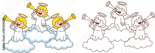 Cute Cartoon Angels Blowing Trumpets on Clouds Heavenly Celebration