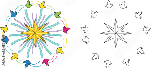 Christmas Star with Colorful Birds Festive Decoration and Line Art Set