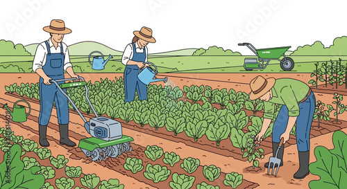 Create a premium vector illustration showcasing a diverse group of urban farmers working in a sustainable eco-garden. Include planting, watering, composting, and harvesting activities