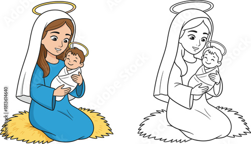 Cute Cartoon Mary and Baby Jesus Illustration for Nativity and Christmas