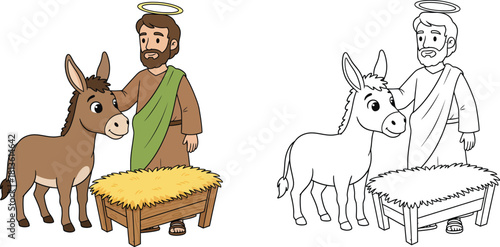 Cute Cartoon Joseph with Donkey and Manger for Nativity Scene