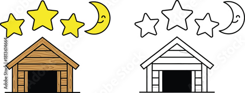 Cute Cartoon Manger Stable with Stars and Moon for Nativity Scene