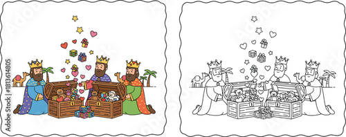 Three Wise Men with Treasure Chests Full of Toys and Gifts Cartoon and Line Art Set