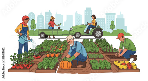 Create a premium vector illustration showcasing a diverse group of urban farmers working in a sustainable eco-garden. Include planting, watering, composting, and harvesting activities