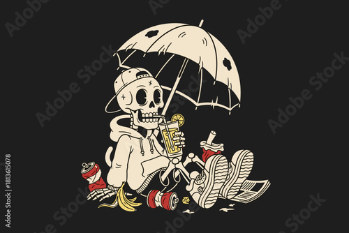 Skeleton chilling under umbrella with drink and skateboard.