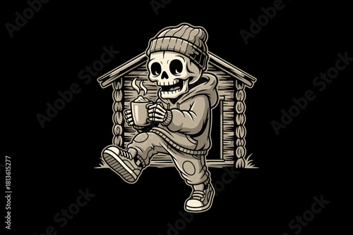 Skeleton character wearing winter clothes holding a hot beverage