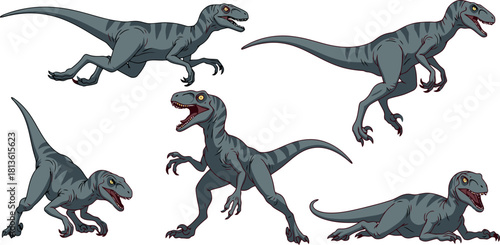 Collection of Velociraptor Dinosaurs in Various Poses.