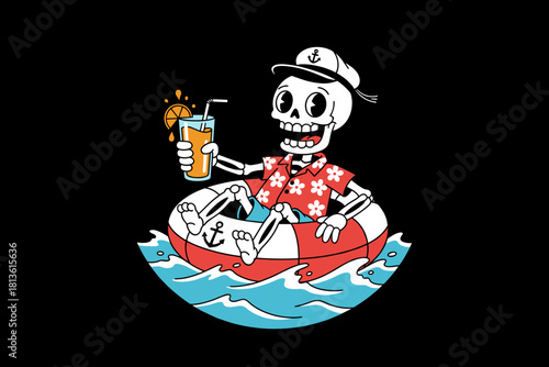 Skeleton enjoying a tropical drink while floating on a life pres