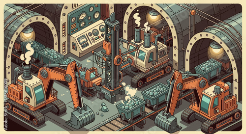  Isometric Heavy Construction Machinery in Futuristic Underground Mining Scene – Vector Illustration