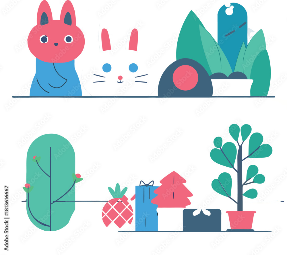 Obraz premium Abstract Flat Design Rabbits and Nature Graphics