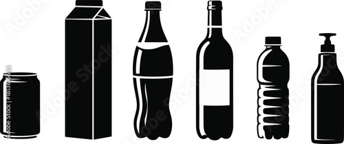 "Collection of various beverage and product containers silhouette vector illustration including cans bottles cartons pump bottles minimal black design"