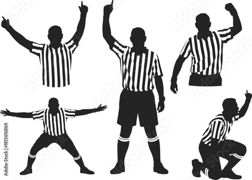 Referee silhouette poses set with sports official gestures, black and white vector art, dynamic action signals, cad drawing flat vector illustration