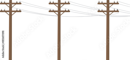 Wooden utility poles with electrical power lines illustration, detailed overhead wiring design, rural electric transmission infrastructure, cad drawing flat vector illustration