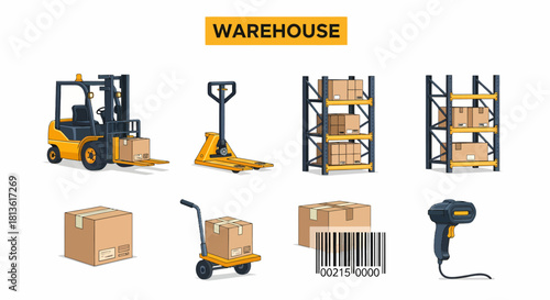 Cartoon illustration of various warehouse equipment storage racks boxes and a barcode scanner