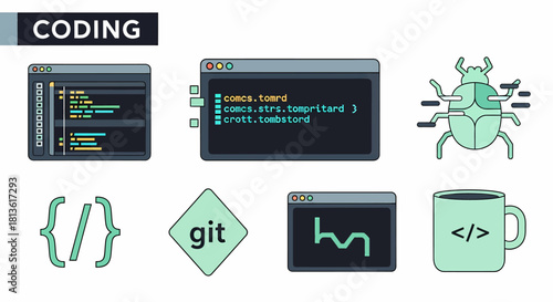 Collection of flat design icons related to computer programming and software development
