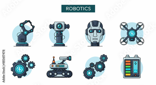 Eight flatstyle icons related to robotics and power systems on a white background