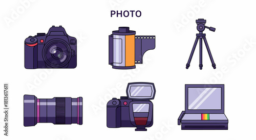 Flat vector icons of photography equipment arranged in two rows